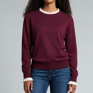 Milano Deep Purple White Ruffle Sweater L Colonial Chic Parisian Preppy Romantic